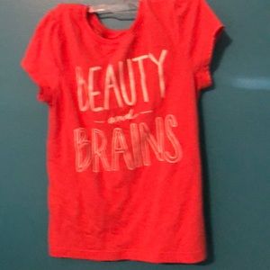 KIDS- Coral, white. “BEAUTY and BRAINS” t shirt.